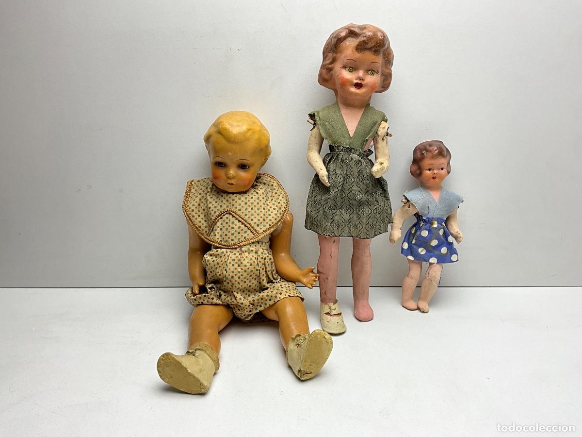 Mu&ntilde;eca espa&ntilde;ola clasica: LOTE DE TRES MU&Ntilde;ECAS CARTON PIEDRA - DIFERENTES &Eacute;POCAS Y ESTILOS - A&Ntilde;OS 40-60