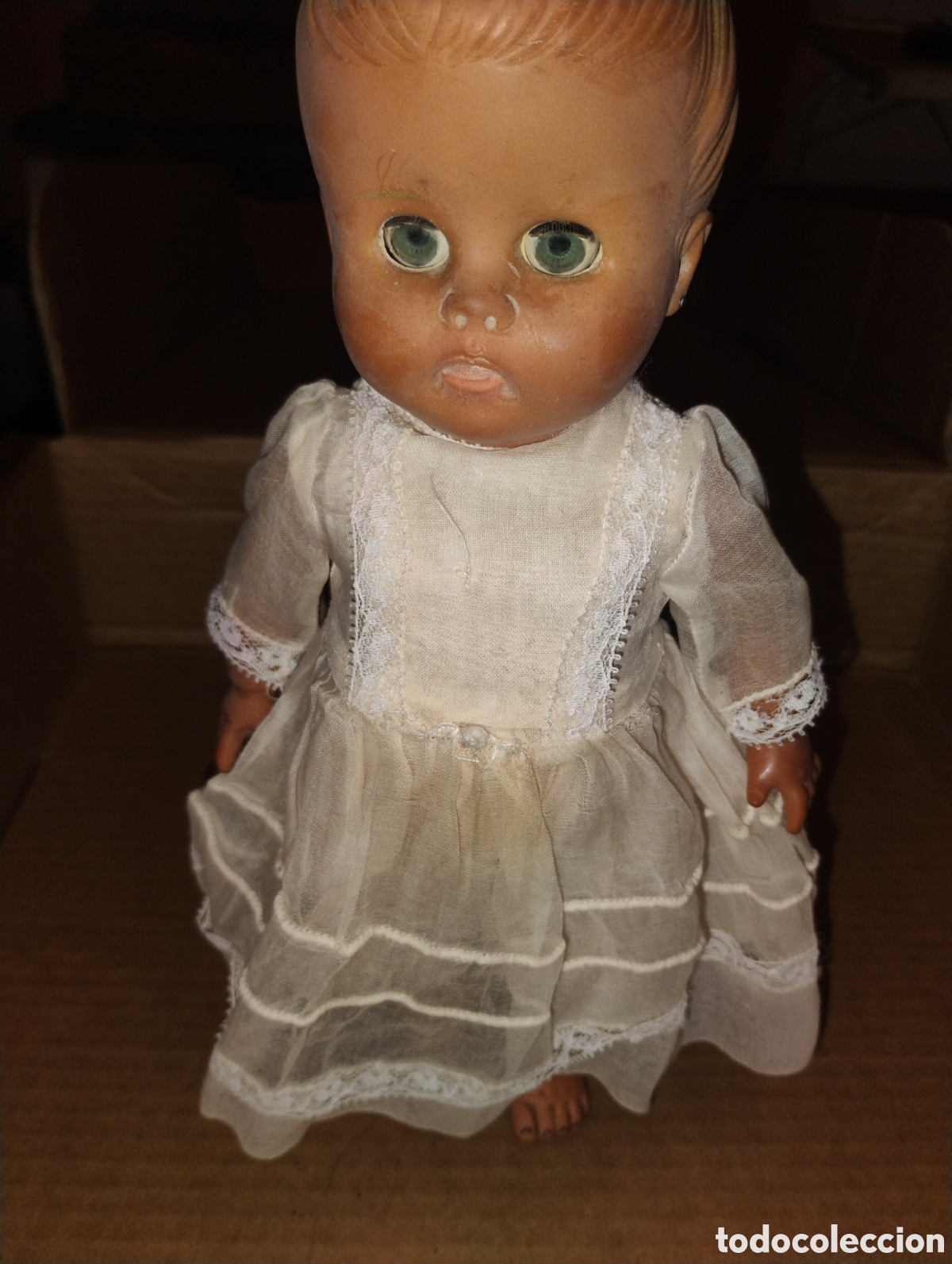 Mu&ntilde;eca espa&ntilde;ola clasica: &diams;Antigua Mu&ntilde;eca Beb&eacute; de Celuloide / Pl&aacute;stico Duro (A&ntilde;os 50) - 26 cm - Vestido Organd&iacute; Original