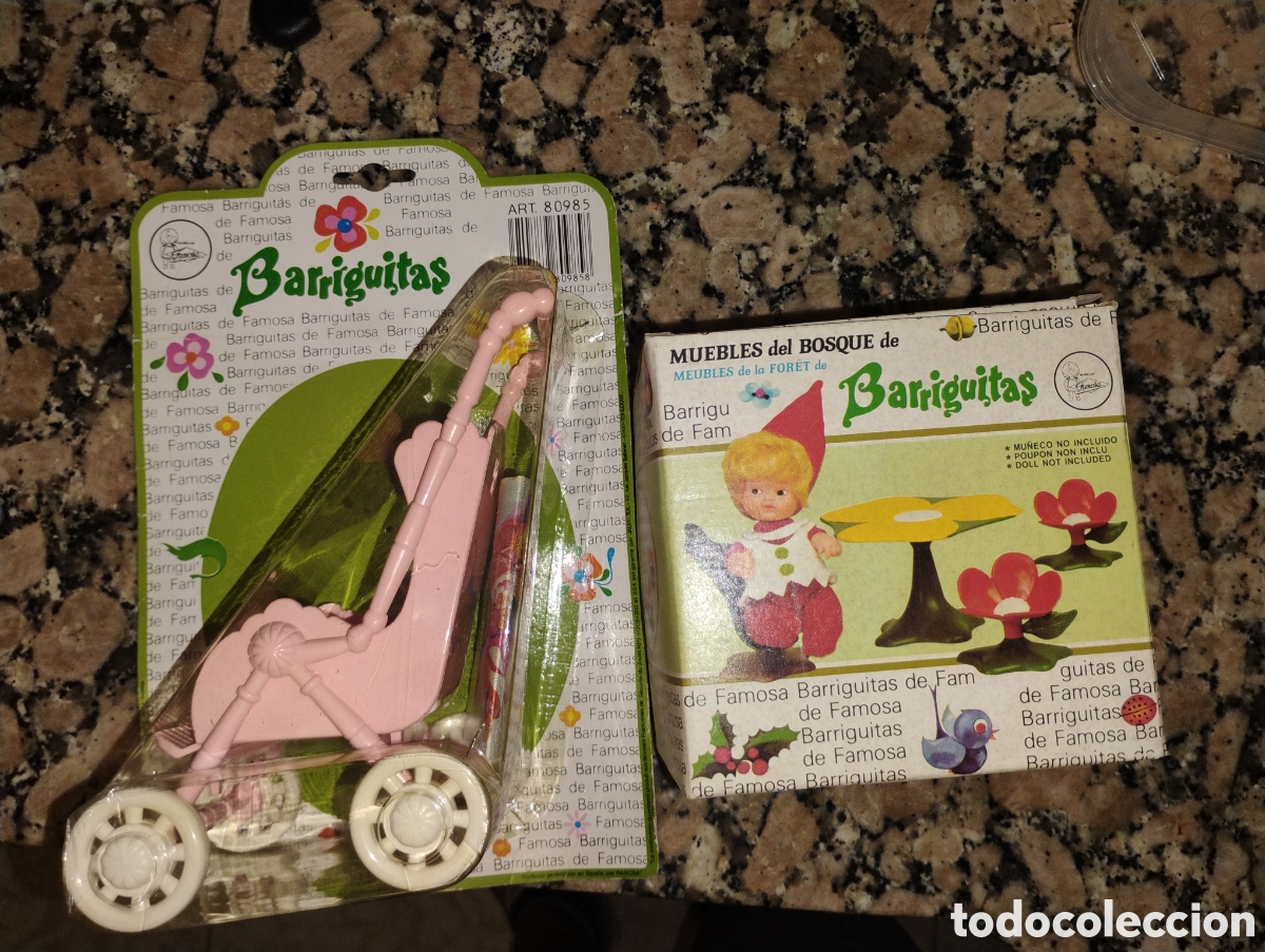 Mu&ntilde;ecas Lesly y Barriguitas: Lote Accesorios Barriguitas Famosa: Carrito Paseo NUEVO + Muebles del Bosque