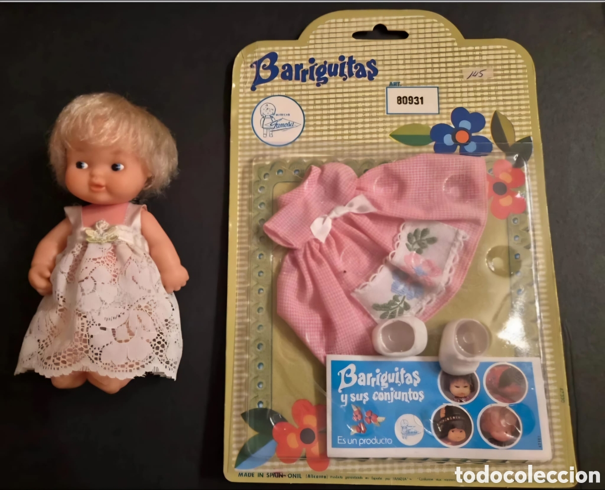 Mu&ntilde;ecas Lesly y Barriguitas: Lote Mu&ntilde;eca Barriguitas Famosa N.&ordm; 97 + Bl&iacute;ster Original Precintado Conjunto Rosa (Art.80931) A&ntilde;o 70