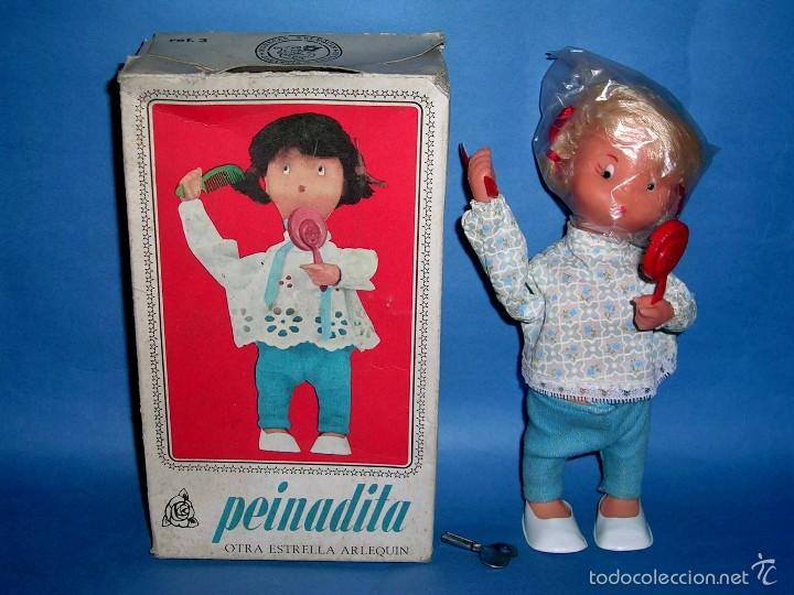 Poup&eacute;es Espagnoles Modernes: Mu&ntilde;eca *Peinadita*, aut&oacute;mata mecanismo a cuerda, Mu&ntilde;ecas Arlequ&iacute;n, made in Spain, original a&ntilde;o 1966.
