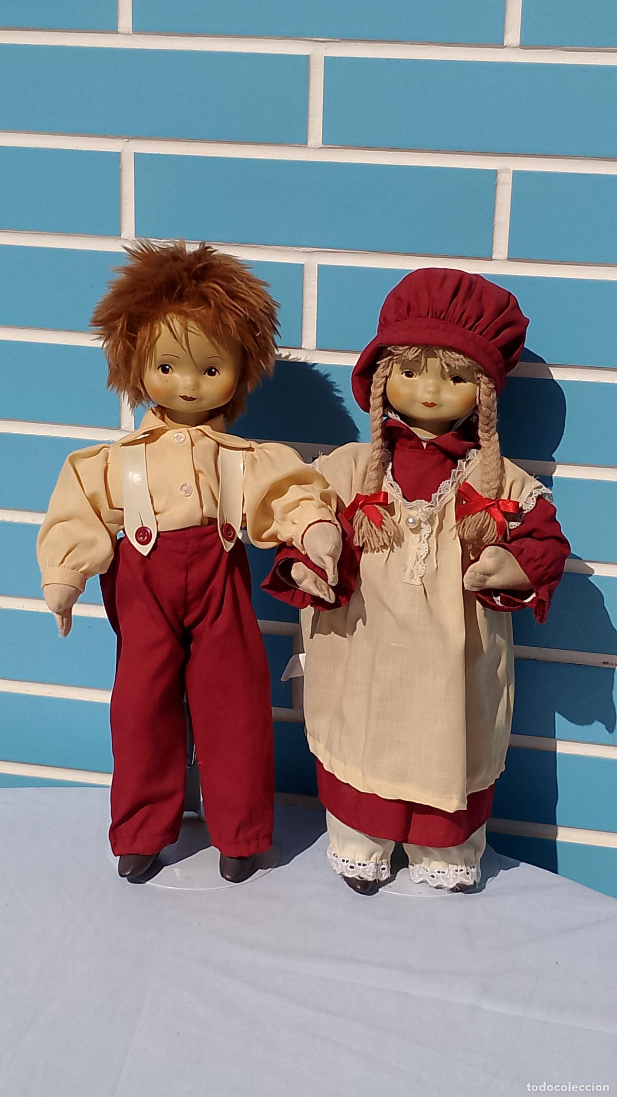 Poup&eacute;es Espagnoles Modernes: Antiguos mu&ntilde;ecos alemanes ni&ntilde;o y ni&ntilde;a campestres, mellizos, estilo Holly Hobbie, grandes de 40 cm