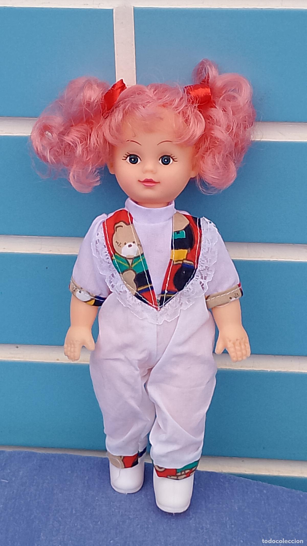 Mu&ntilde;ecas espa&ntilde;olas modernas: Antigua mu&ntilde;eca con pelo rosa, de 21 cm