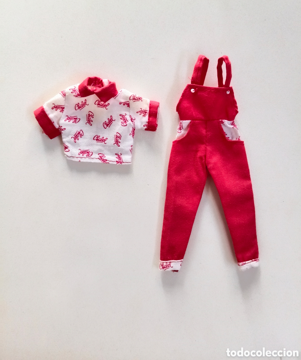 Mu&ntilde;ecas espa&ntilde;olas modernas: Chabel hamburgueser&iacute;a conjunto camisa y mono rojo y blanco Feber a&ntilde;os 90