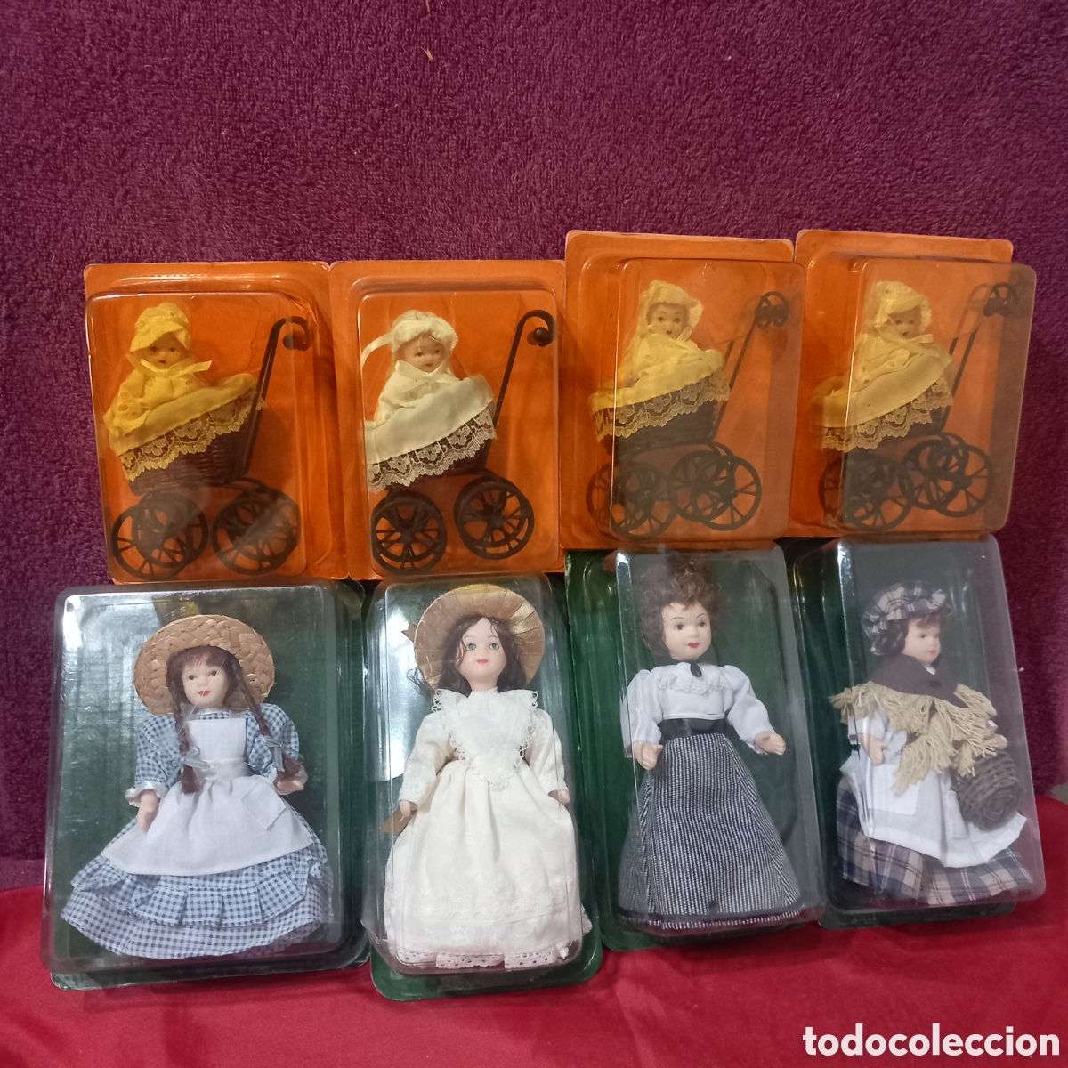 Moderne spanische Puppen: LOTE 4&times;MU&Ntilde;EQUITAS de PORCELANA con CARRITO y BEB&Eacute; (NUEVAS PRECINTADAS)15cm aprox.