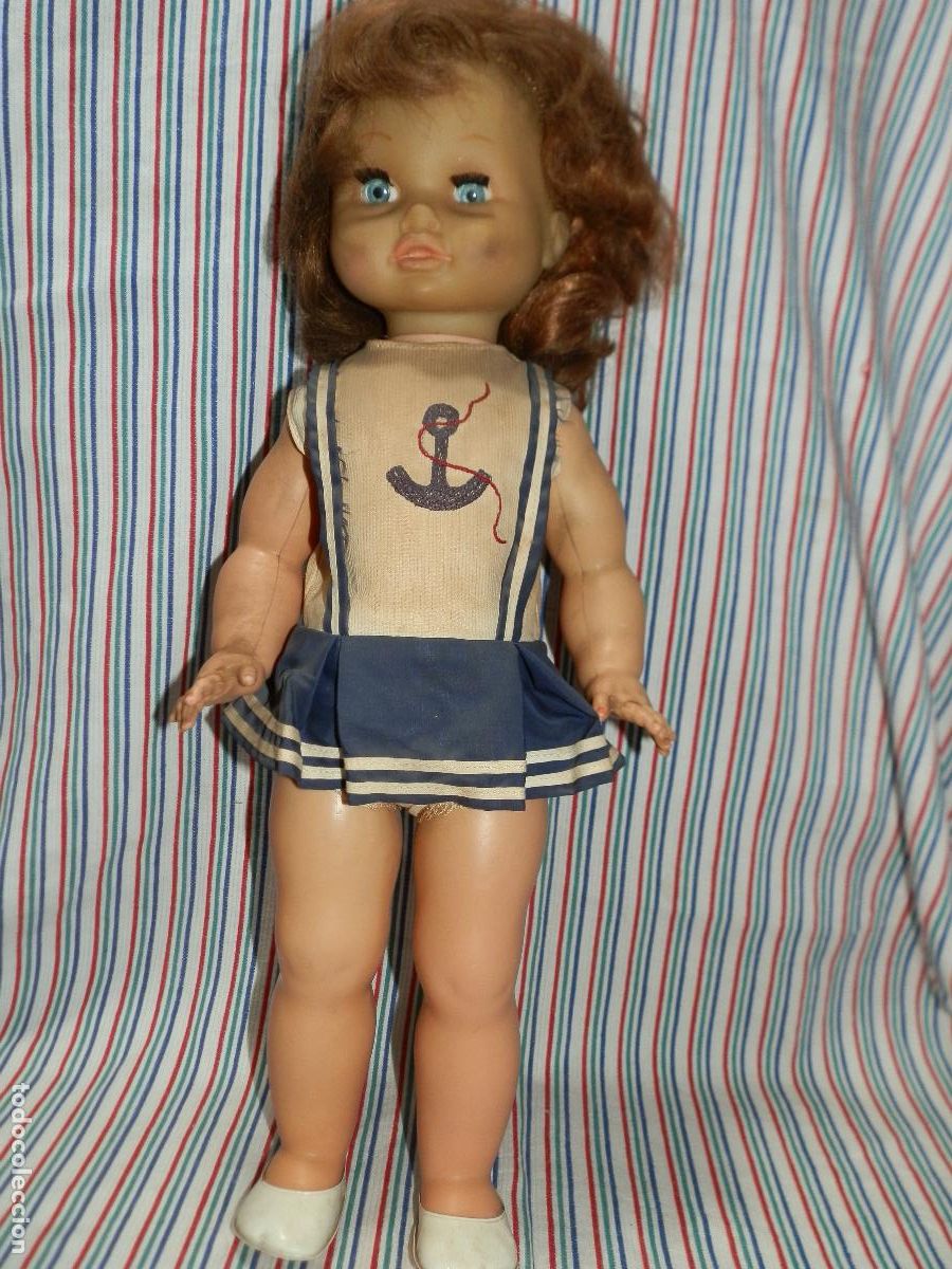 Mu&ntilde;ecas espa&ntilde;olas modernas: ANTIGUA MU&Ntilde;ECA SIN MARCA OJOS IRIS MARGARITA AZULES, A&Ntilde;OS 60/70