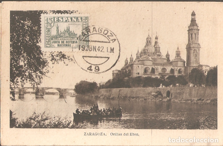 Mu&ntilde;ecas modernas: Tarjeta Postal de Zaragoza con sello 806 de la Junta de Defensa Nacional-2