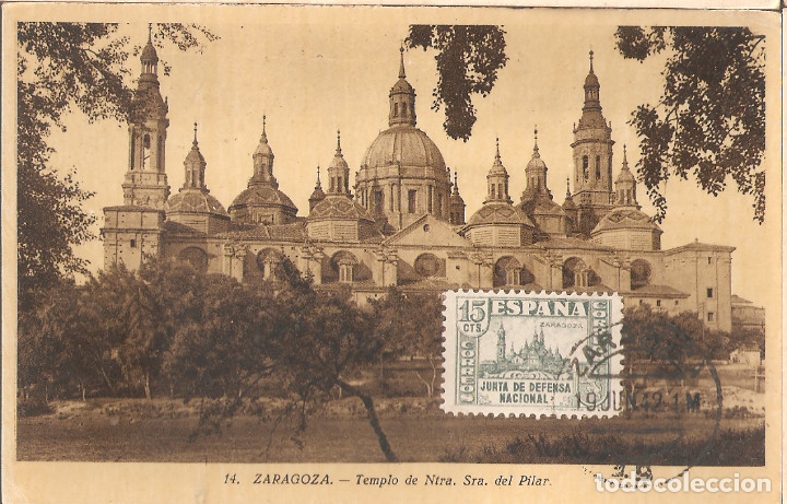 Mu&ntilde;ecas modernas: Tarjeta Postal de Zaragoza con sello 806 de la Junta de Defensa Nacional-3