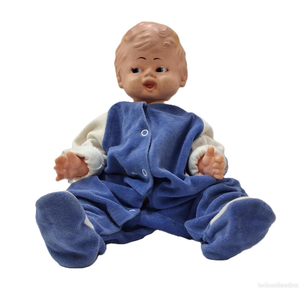 Mu&ntilde;ecas Modernas: Mu&ntilde;eca beb&eacute; vintage 43 cm &ndash; cuerpo blando y cabeza de vinilo &ndash; ropa azul