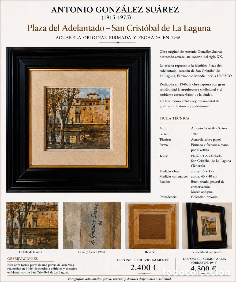 Poup&eacute;es Modernes: Plaza del Adelantado, La Laguna &ndash; Acuarela original de Antonio Gonz&aacute;lez Su&aacute;rez