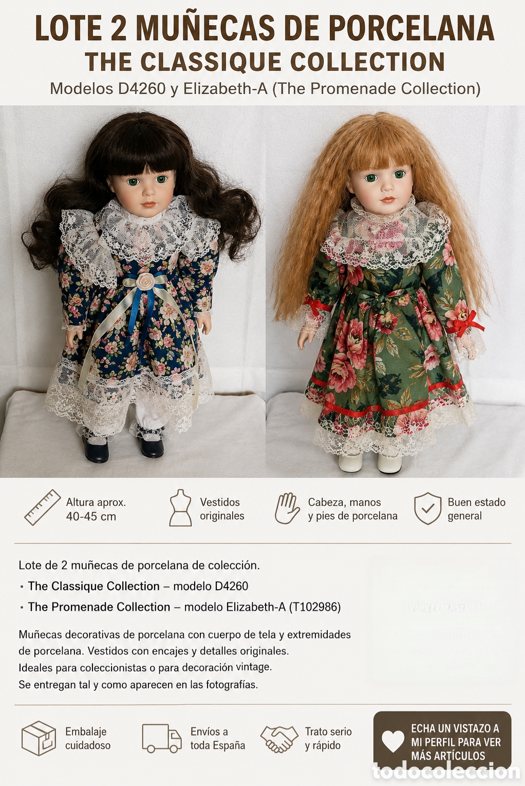 Mu&ntilde;ecas modernas: Lote 2 mu&ntilde;ecas de porcelana de colecci&oacute;n The Classique y The Promenade 40 cm