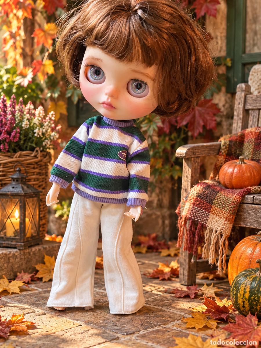 Mu&ntilde;ecas modernas: Conjunto deportivo para mu&ntilde;eca Blythe - Jersey de rayas y pantal&oacute;n blanco