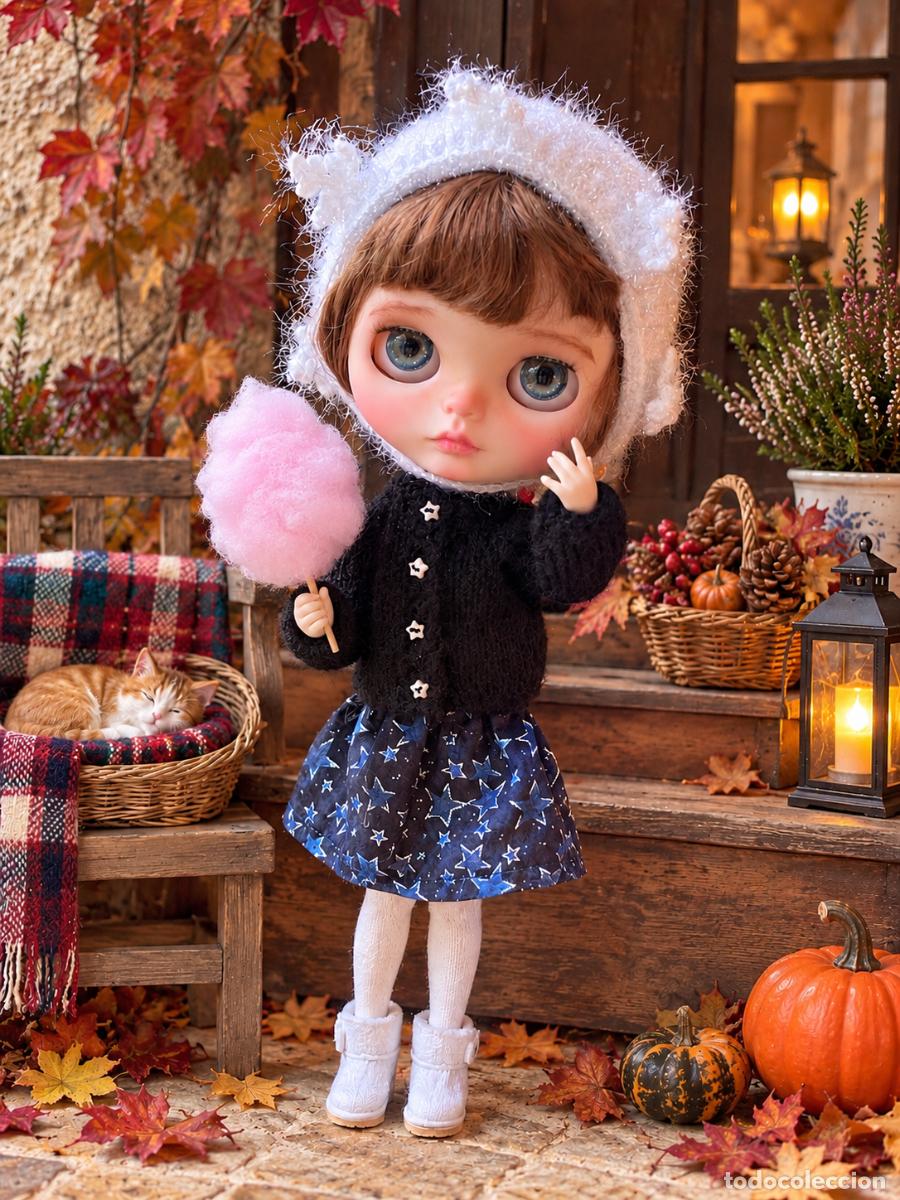Mu&ntilde;ecas modernas: Conjunto falda y chaqueta de lana para mu&ntilde;eca Blythe &ndash; tonos azul y negro