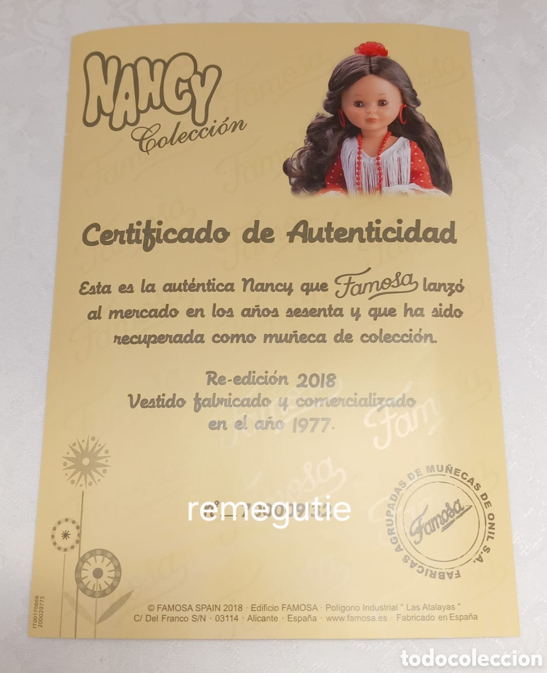 Mu&ntilde;ecas Nancy y Lucas: Certificado de autencidad de Nancy flamenca