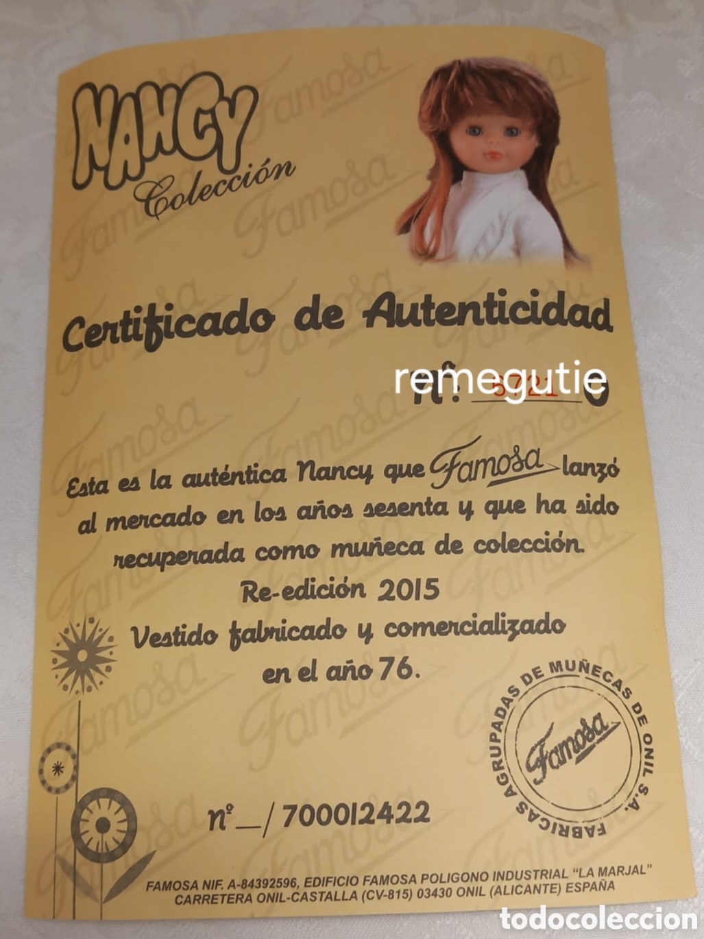 Mu&ntilde;ecas Nancy y Lucas: Certificado de autenticidad de Nancy oto&ntilde;o - Foto 1