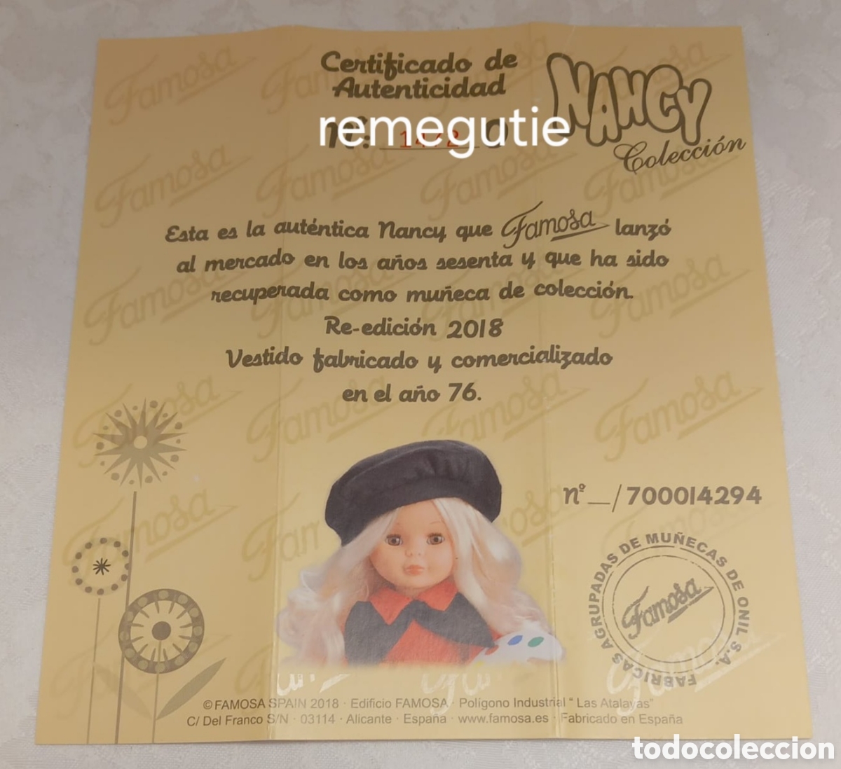 Mu&ntilde;ecas Nancy y Lucas: Certificado de autenticidad de Nancy pintora - Foto 1