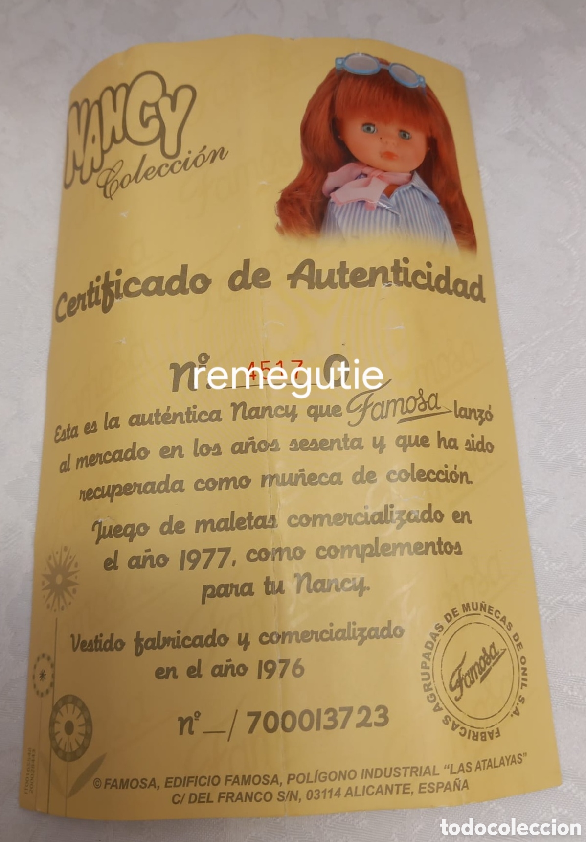 Mu&ntilde;ecas Nancy y Lucas: Certificado de autenticidad de Nancy maletas - Foto 1