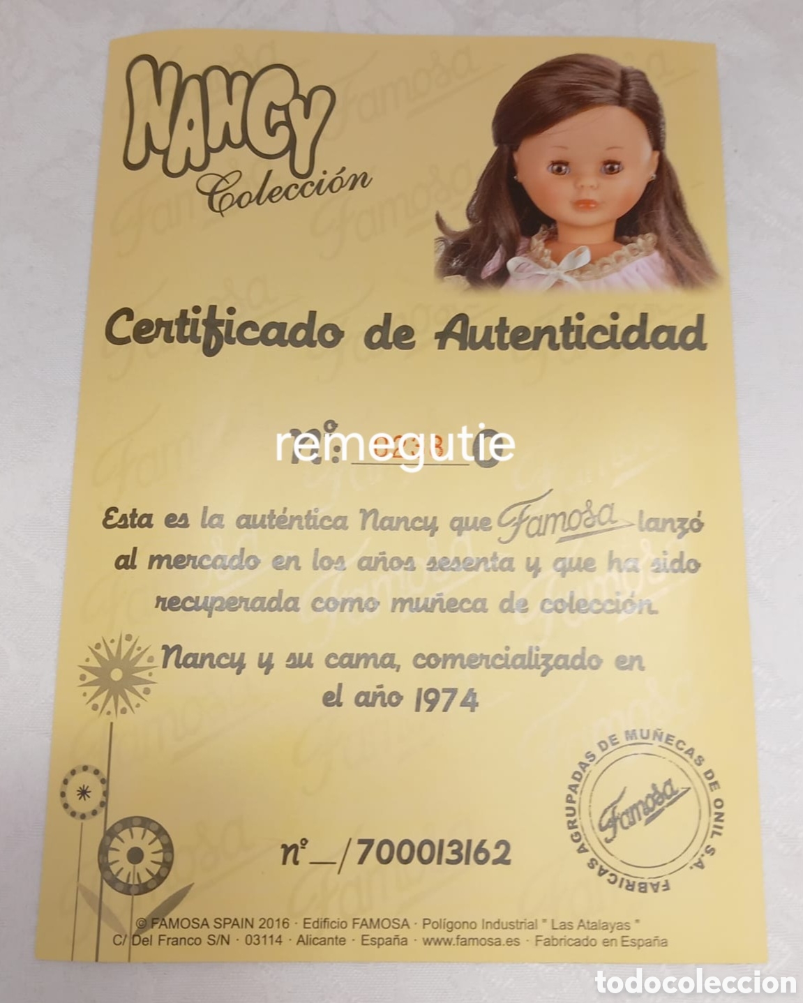 Mu&ntilde;ecas Nancy y Lucas: Certificado de autenticidad de Nancy cama - Foto 1