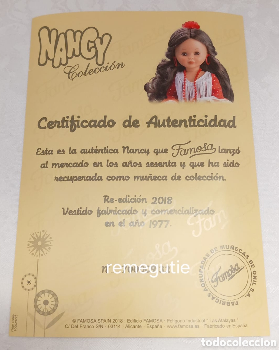 Mu&ntilde;ecas Nancy y Lucas: Certificado de autenticidad de Nancy flamenca