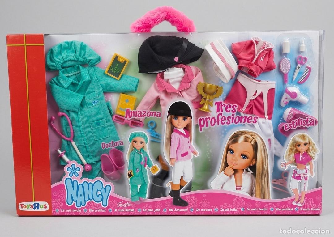 Mu&ntilde;ecas Nancy y Lucas: NANCY - Caja TRES PROFESIONES - Doctora, Amazona y Estilista.