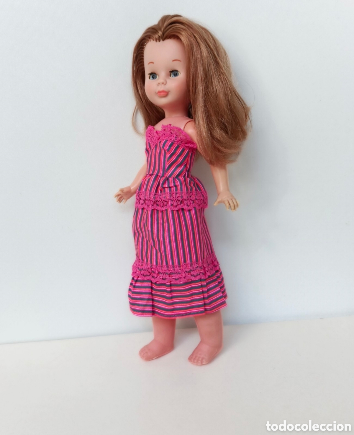 Mu&ntilde;ecas Nancy y Lucas: Conjunto Daypa top y falda de rayas rosa y morado v&aacute;lido para Nancy a&ntilde;os 80 90