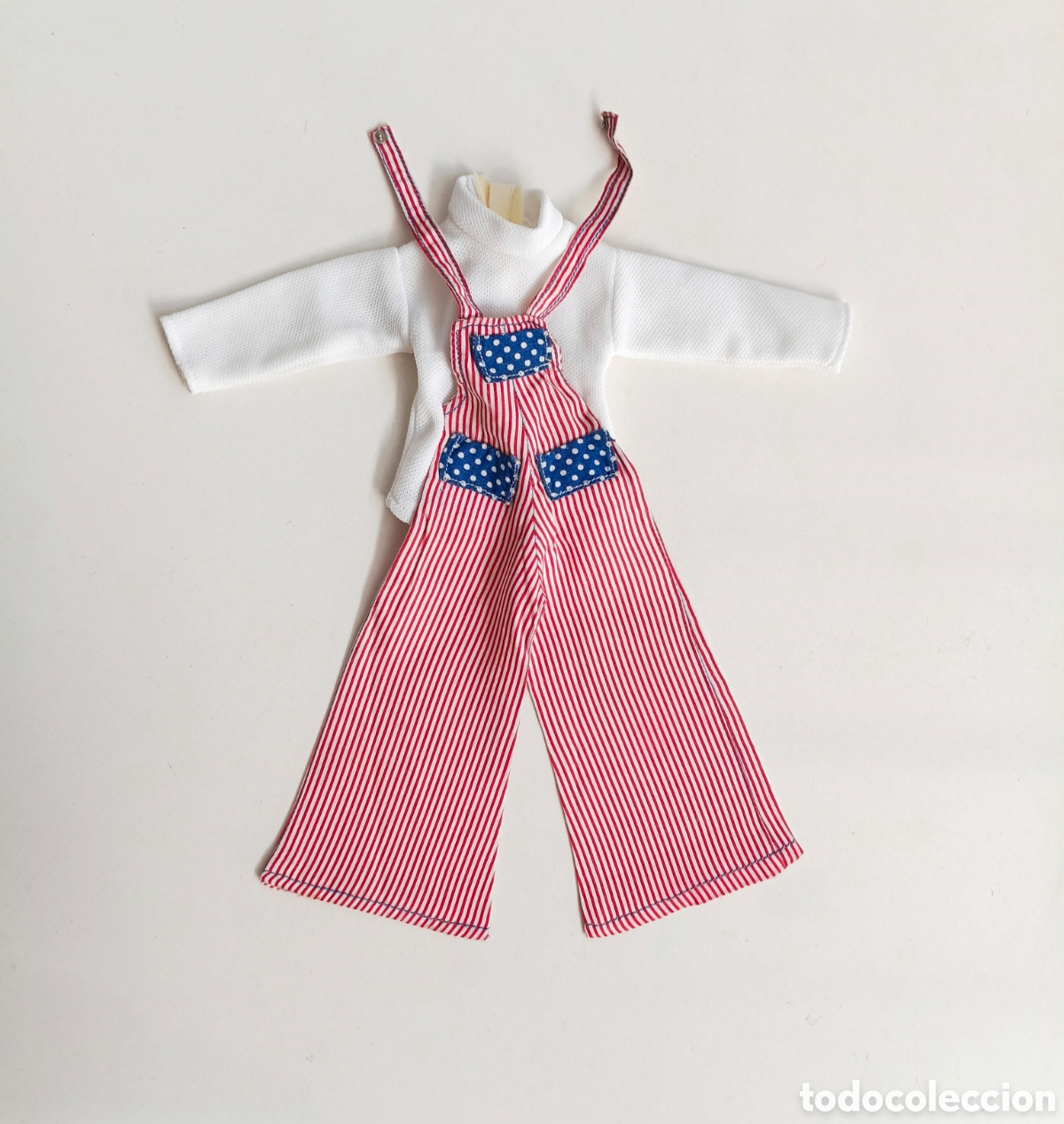 Mu&ntilde;ecas Nancy y Lucas: Nancy conjunto Granja peto mono rojo y azul, jersey camiseta blanca rayas a&ntilde;os 70 Famosa