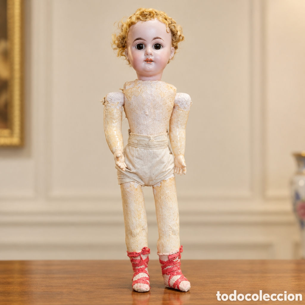Mu&ntilde;ecas porcelana: ANTIGUA MU&Ntilde;ECA ALEMANA PORCELANA OJOS DE CRISTAL, CUERPO CART&Oacute;N PIEDRA , 46CM ALTO
