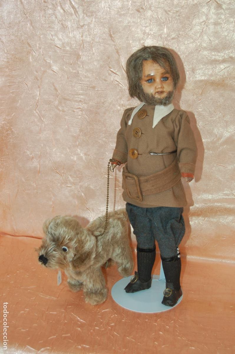 Mu&ntilde;ecas Porcelana: mu&ntilde;eco SFBJ frac&eacute;s con perro steiff