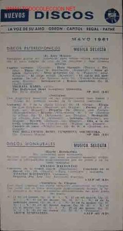 Cat&aacute;logos de m&uacute;sica: Catalogo Nuevos DISCOS: La voz de su amo; Odeon; Capitol; Regal; Pathe. Mayo 1961