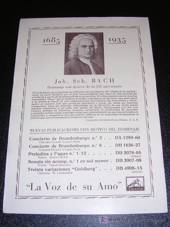 Catalogues de Musique: LA VOZ DE SU AMO, 1685 - 1935, JOH. SEB. BACH, 1 HOJA