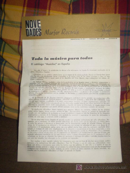 Cat&aacute;logos de M&uacute;sica: CATALOGO MUSIDISC EN ESPA&Ntilde;A. MARFER RECORDS. 1965.