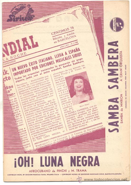 Catalogues de Musique: SIRIUS EDICIONES MUSICALES OH LUNA NEGRA SAMBA SAMBERA