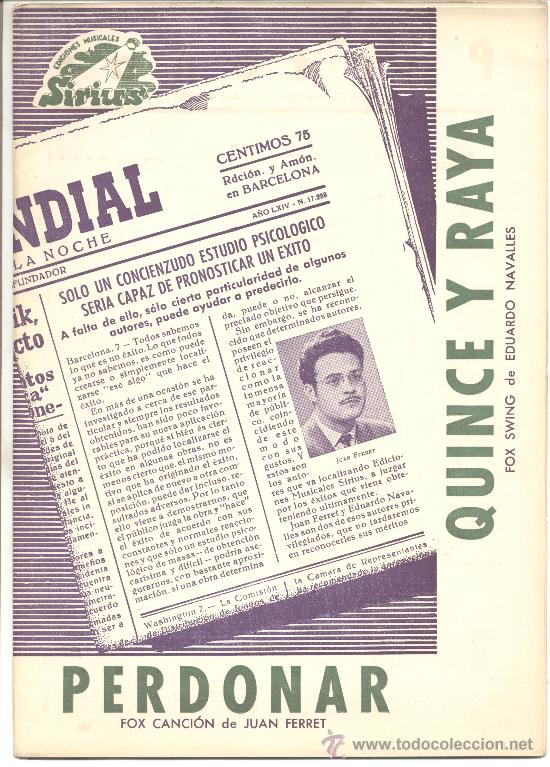 Cat&aacute;logos de M&uacute;sica: SIRIUS EDICIONES MUSICALES PERDONAR FOX JUAN FERRET QUINCE Y RAYA FOX SWING EDUARDO NAVALES 1952