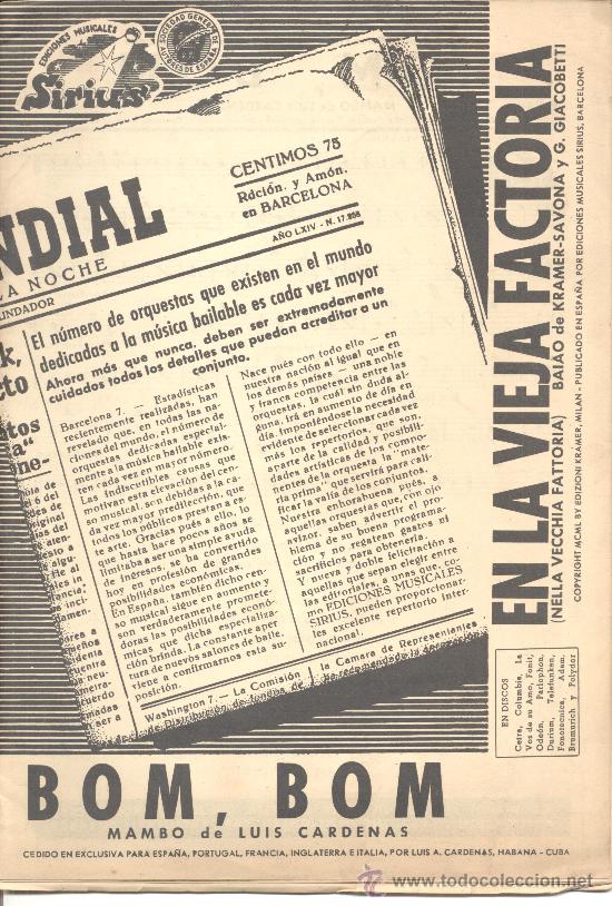 Catalogues de Musique: SIRIUS EDICIONES MUSICALES BOM BOM MAMBO LUIS CARDENAS EN LA VIEJA FACTORIA BAIAO KRAMER SAVONA 1952