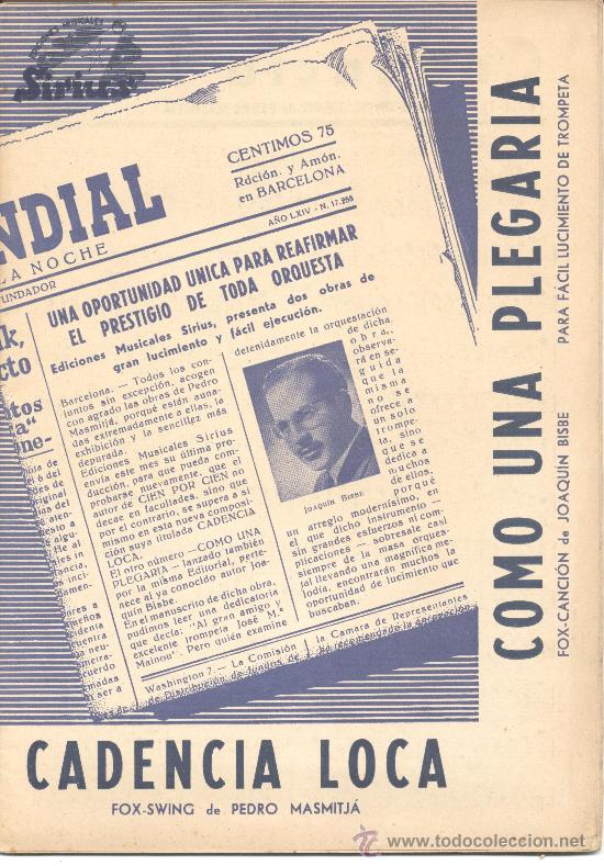 Cat&aacute;logos de M&uacute;sica: SIRIUS EDICIONES MUSICALES CADENCIA LOCA FOX SWING PEDRO MASMITJ&Agrave; COMO UNA PLEGARIA JOAQUIN BISBE