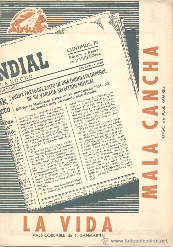 Catalogues de Musique: SIRIUS EDICIONES MUSICALES LA VIDA VALS COREABLE T SANMARTIN MALA CANCHA TANGO JOSE RAMIREZ 1952