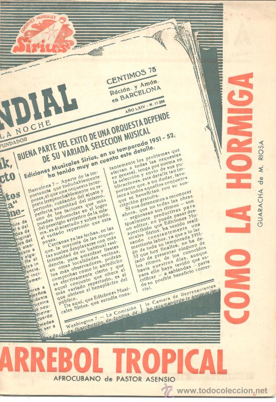 Catalogues de Musique: SRIUS EDICIONES MUSICALES ARREBOL TROPICAL AFROCUBANO PASTOR ASENSIO COMO LA HORMIGA M RIOSA 1952