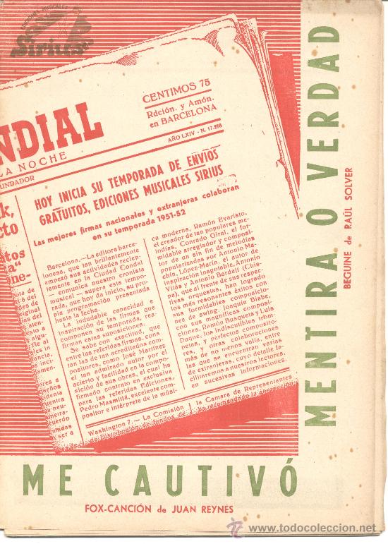 Catalogues de Musique: SIRIUS EDICIONES MUSICALES ME CAUTIVO FOX JUAN REYNES MENTIRA O VERDAD GEGUINE RAUL SOLVER 1951