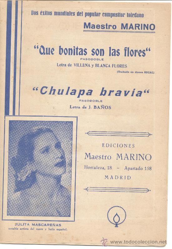 Cat&aacute;logos de M&uacute;sica: MAESTRO MARINO QUE BONITAS SON LAS FLORES PASODOBLE VILLENA CHULAPA BRAVIA J BA&Ntilde;OS JULITA MASCARE&Ntilde;AS