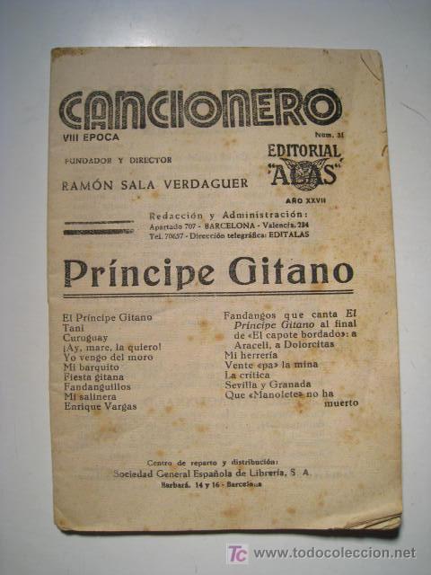 Cat&aacute;logos de m&uacute;sica: PRINCIPE GITANO. ED. ALAS. CANCIONERO - Foto 1