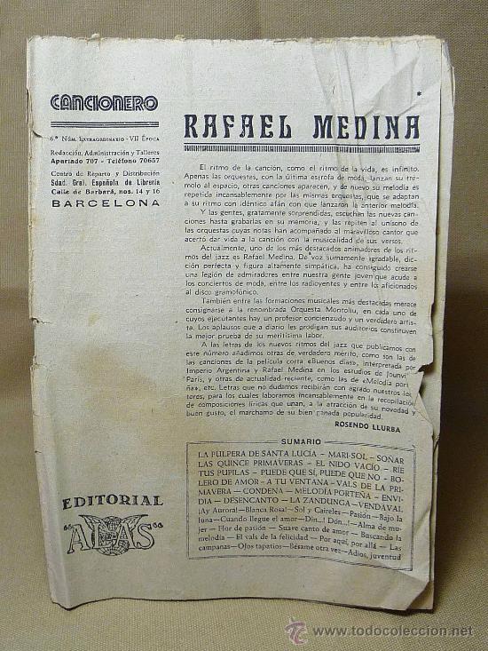 Catalogues de Musique: CANCIONERO, RAFAEL MEDINA, EDITORIAL ALAS, N&ordm; 6, MARI SOL, LA PULPERA DE SANTA LUCIA, SO&Ntilde;AR