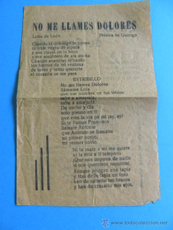 Catalogues de Musique: cancionero No me LLames Dolores (Quiroga) Jidines Granada,Zapatitos.Mariquita (Rom&aacute;n9 c.1950