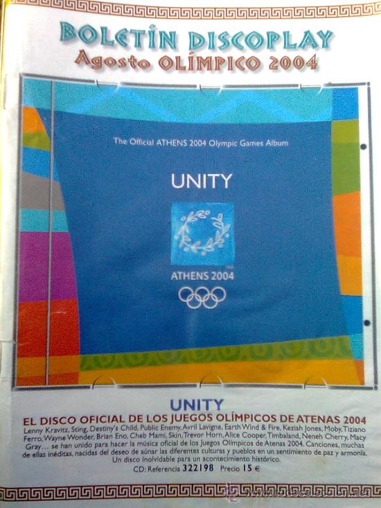 Cat&aacute;logos de m&uacute;sica: Bolet&iacute;n Discoplay A&ntilde;o 24 n&ordm; 246. Agosto 2004. Portada Olimpiadas Atenas. Athens 2004