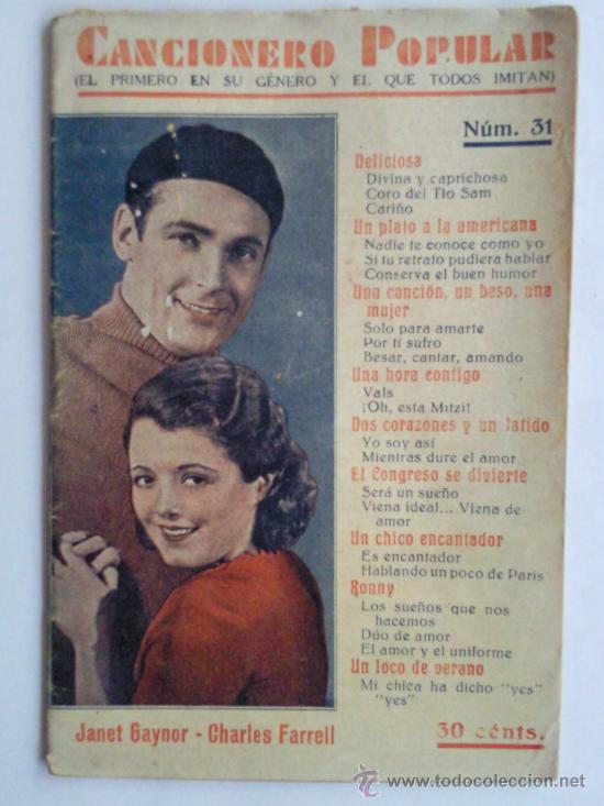 Catalogues de Musique: CANCIONERO POPULAR ,- JANET GAYNOR - CHARLES FARRELL ,- N&ordm; 31 ,- A&Ntilde;OS 40