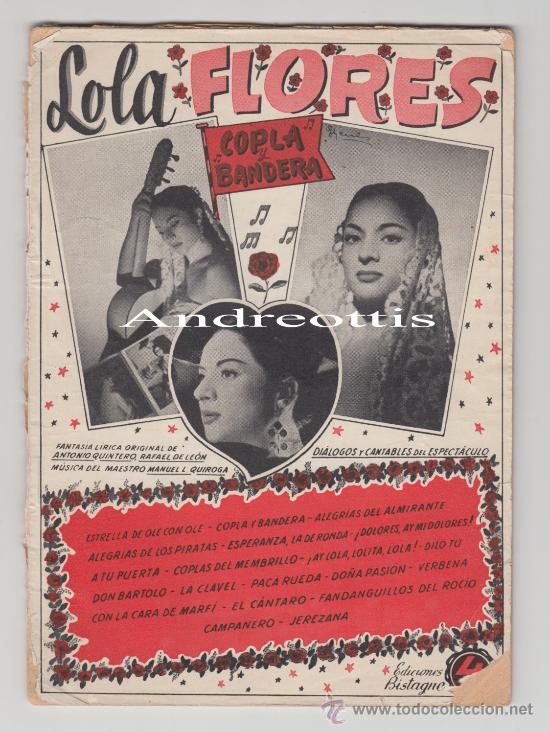 Cat&aacute;logos de m&uacute;sica: CANCIONERO LOLA FLORES COPLA Y BANDERA FANTASIA LIRICA X QUINTERO, R. DE LEON  + MAESTRO QUIROGA