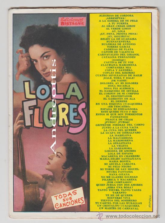 Cat&aacute;logos de m&uacute;sica: CANCIONERO LOLA FLORES. TODAS SUS CANCIONES. EDICIONES BISTANGNE 1960