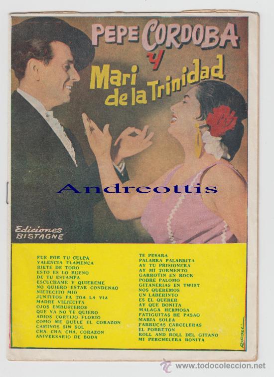 Catalogues de Musique: CANCIONERO  PEPE CORDOBA Y MARI DE LA TRINIDAD N&ordm; 62 EDICIONES BISTAGNE 1963