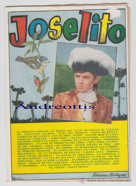 Cat&aacute;logos de M&uacute;sica: CANCIONERO JOSELITO. EDICIONES BISTAGNE. A&Ntilde;O DE EDICION 1960