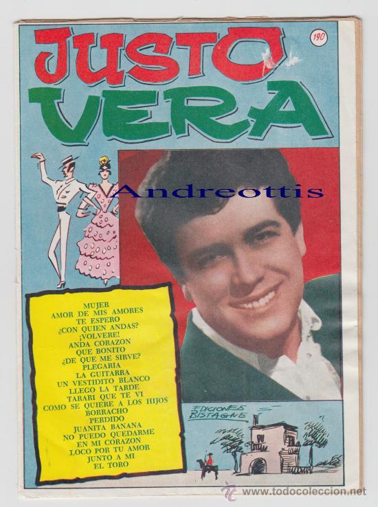 Catalogues de Musique: CANCIONERO JUSTO VERA N&ordm; 190. EDICIONES BISTAGNE. A&Ntilde;O DE EDICION 1966