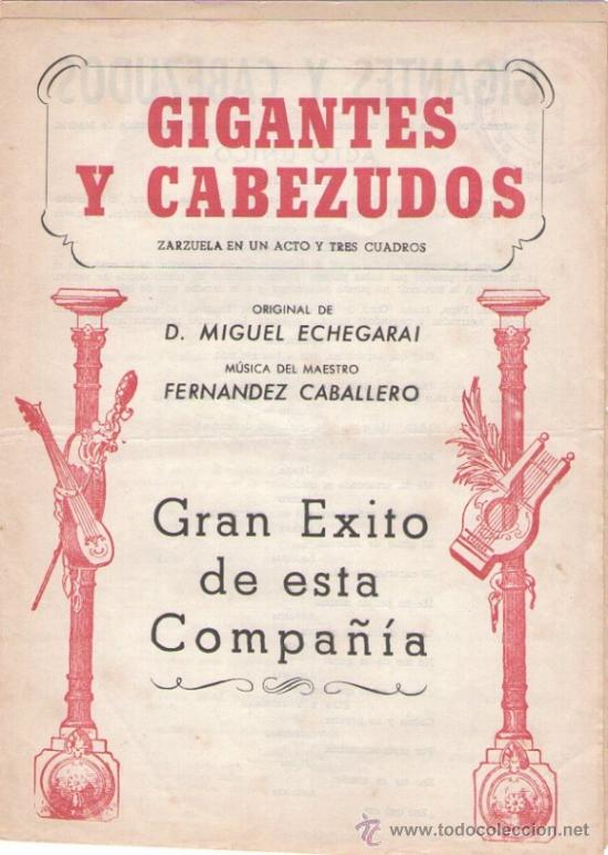 Cat&aacute;logos de m&uacute;sica: Folleto de la zarzuela Gigantes y Caezudos, maestro Fern&aacute;ndez Caballero
